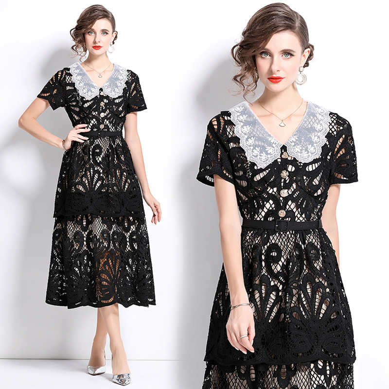 Pinched waist slim France style long dress embroidered V-neck dress