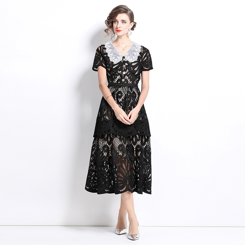 Pinched waist slim France style long dress embroidered V-neck dress