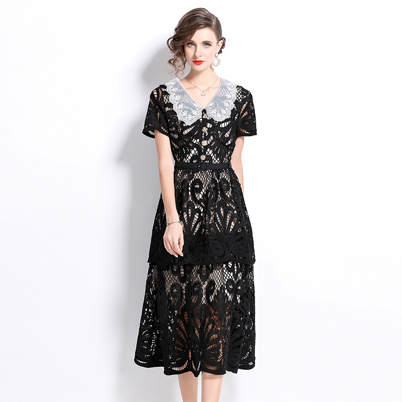 Pinched waist slim France style long dress embroidered V-neck dress