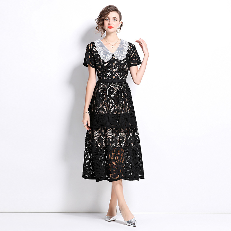 Pinched waist slim France style long dress embroidered V-neck dress