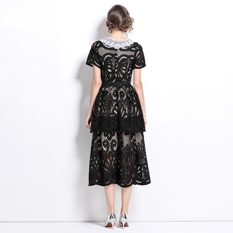 Pinched waist slim France style long dress embroidered V-neck dress