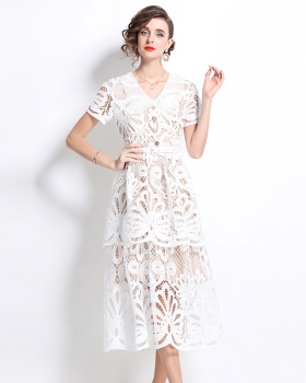 Embroidered slim dress V-neck France style long dress