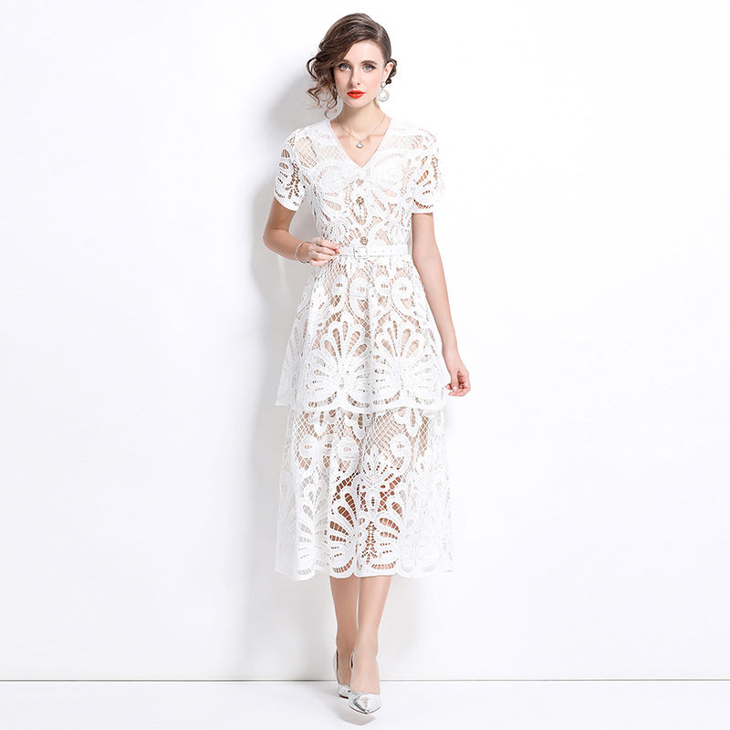 Embroidered slim dress V-neck France style long dress