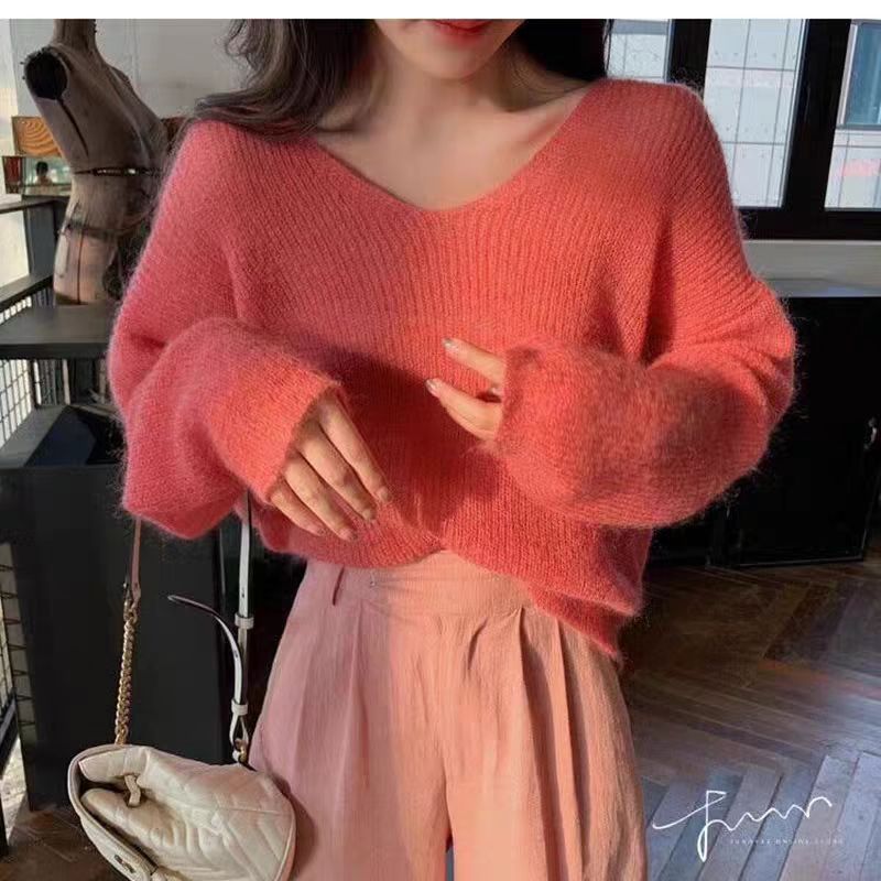 Loose lazy V-neck sweater autumn mohair coat for women