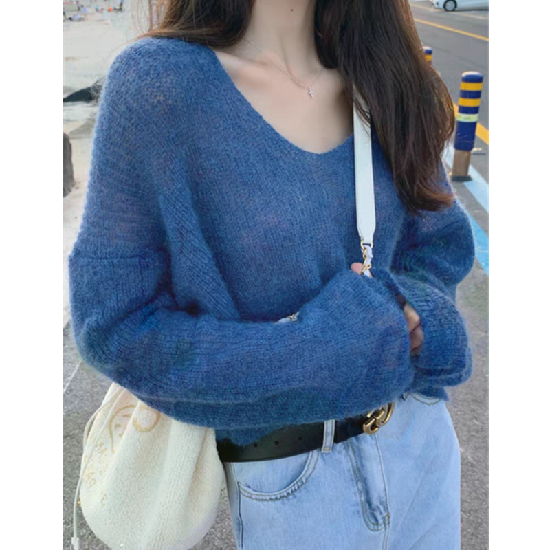 Loose lazy V-neck sweater autumn mohair coat for women