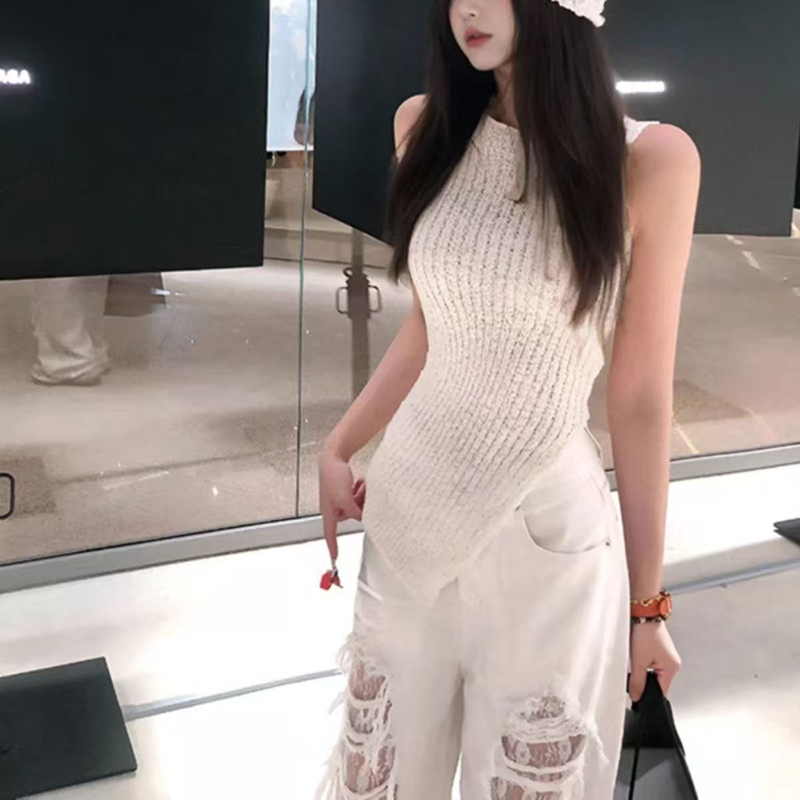 Spring sleeveless slim sling knitted irregular hem vest