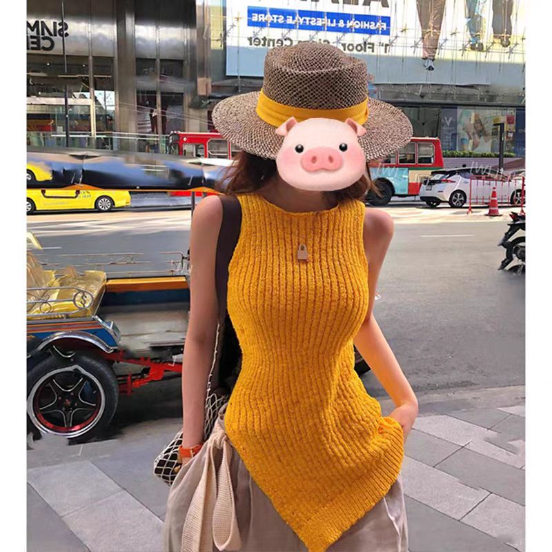 Spring sleeveless slim sling knitted irregular hem vest