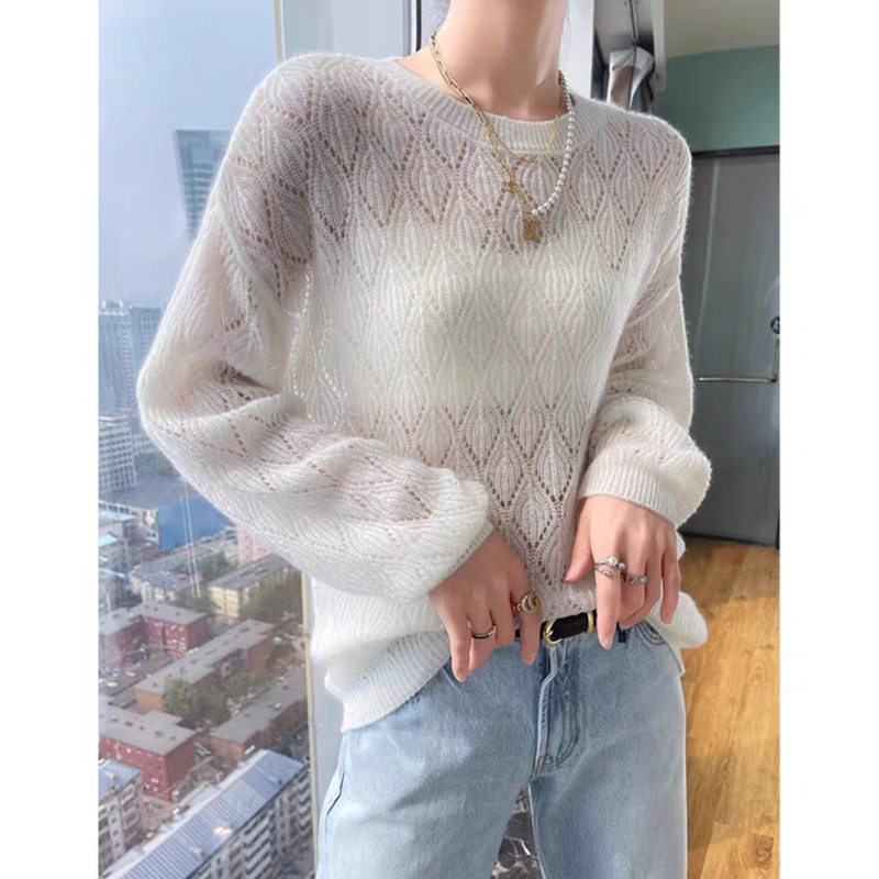 Knitted loose round neck long sleeve thin sweater