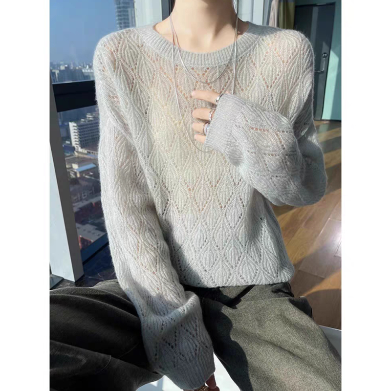 Knitted loose round neck long sleeve thin sweater