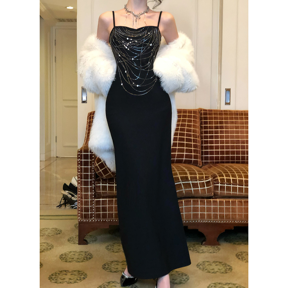 Long light luxury formal dress rhinestone sling dress