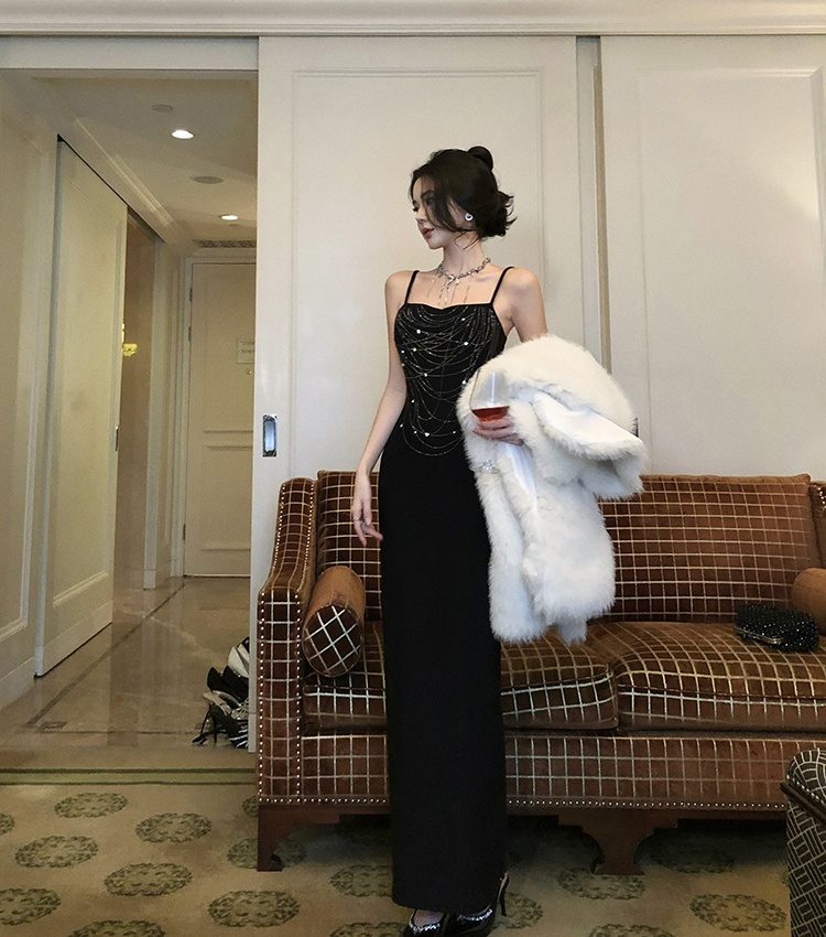 Long light luxury formal dress rhinestone sling dress