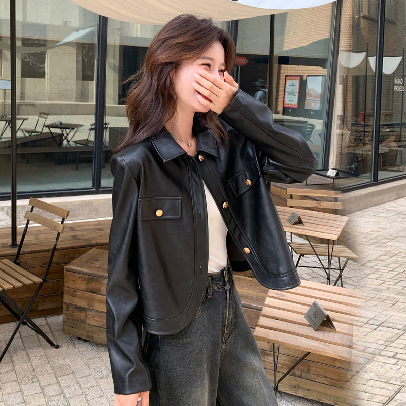 PU black high waist jacket retro spring short coat