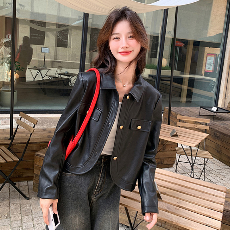 PU black high waist jacket retro spring short coat