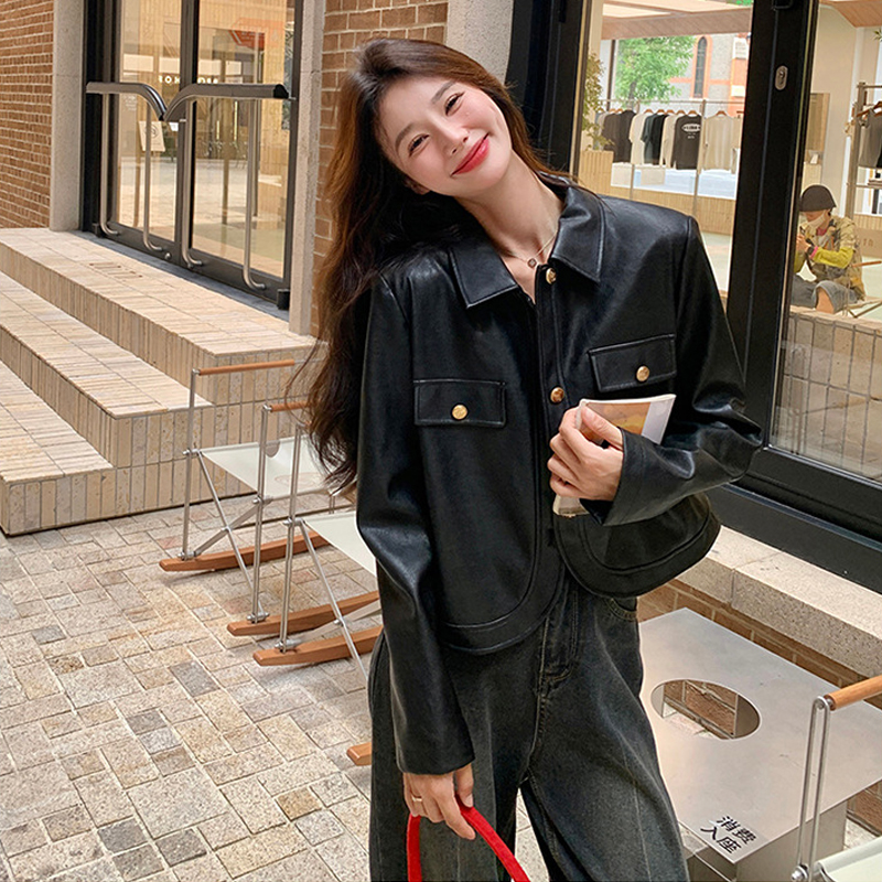 PU black high waist jacket retro spring short coat