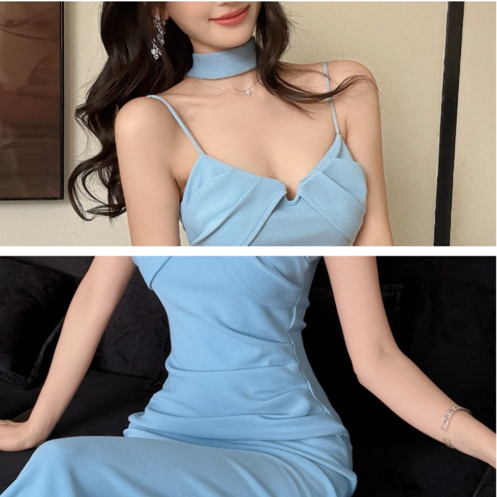 Summer slim fold dress V-neck long sling formal dress