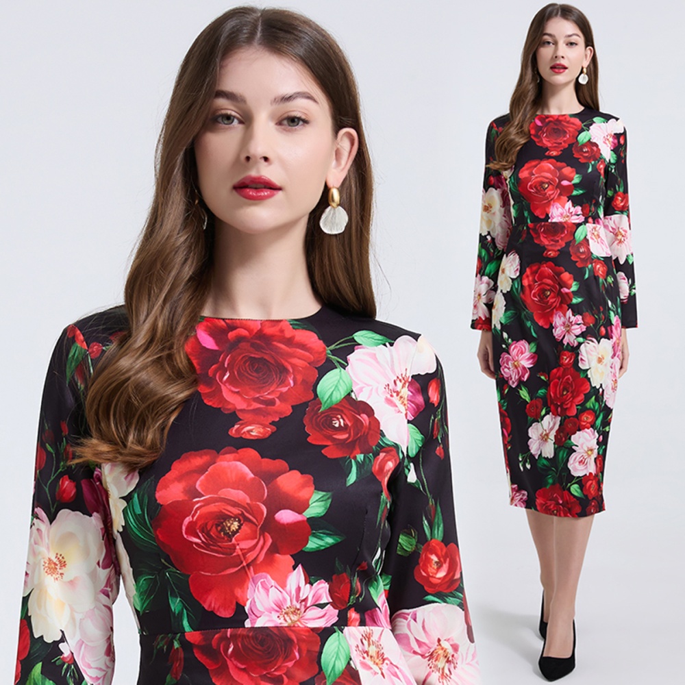 Rose European style slim round neck high waist dress