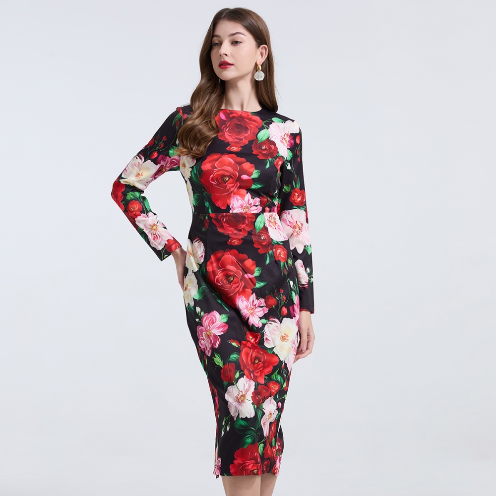 Rose European style slim round neck high waist dress