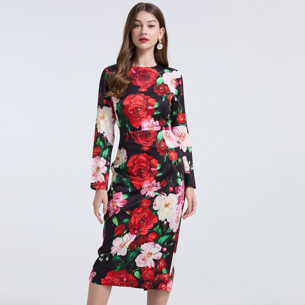 Rose European style slim round neck high waist dress