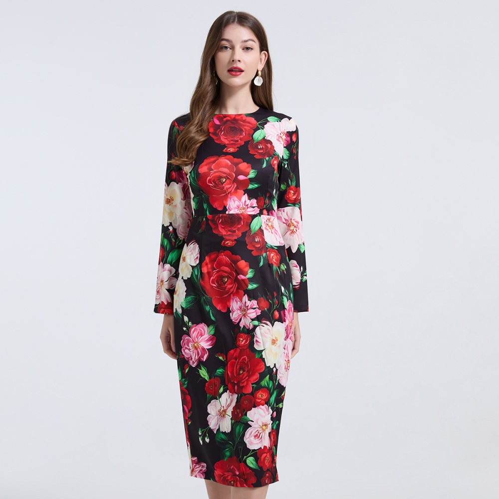 Rose European style slim round neck high waist dress