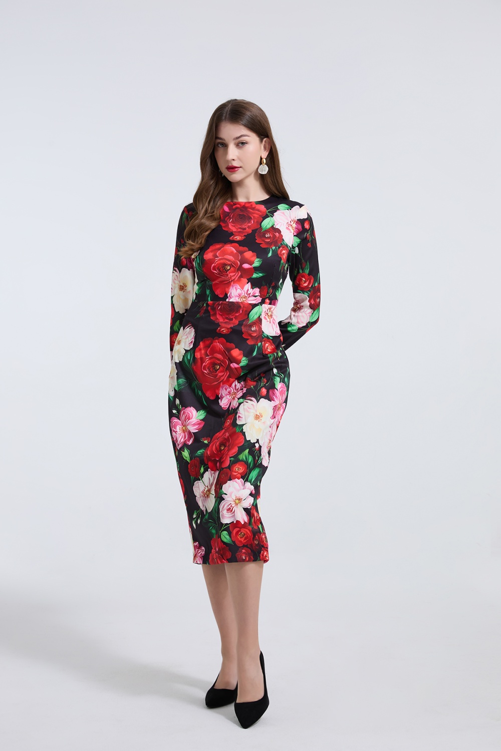 Rose European style slim round neck high waist dress