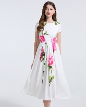 Short sleeve temperament flowers slim dress