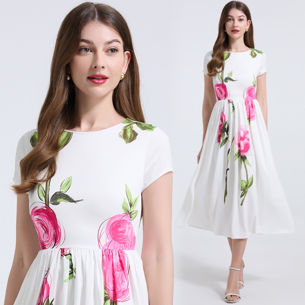 Short sleeve temperament flowers slim dress