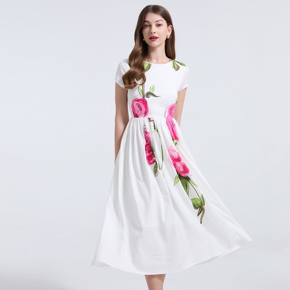 Short sleeve temperament flowers slim dress