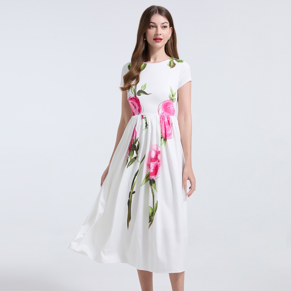 Short sleeve temperament flowers slim dress