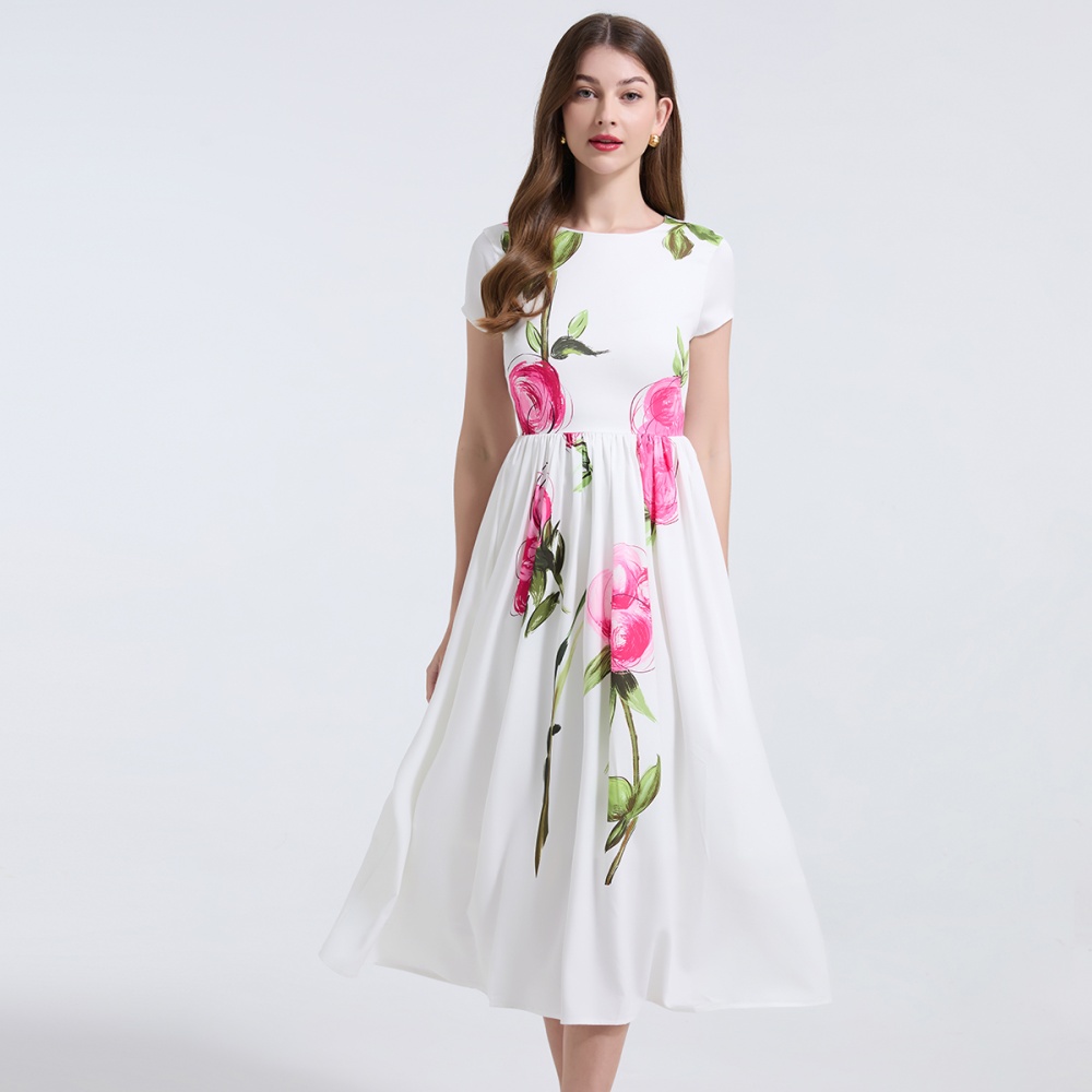 Short sleeve temperament flowers slim dress