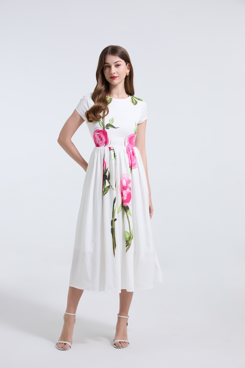 Short sleeve temperament flowers slim dress