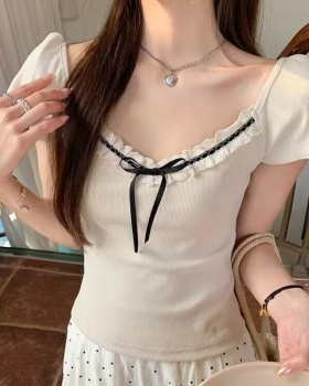 V-neck bow lace splice T-shirt short sleeve slim short tops