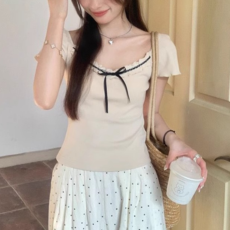 V-neck bow lace splice T-shirt short sleeve slim short tops