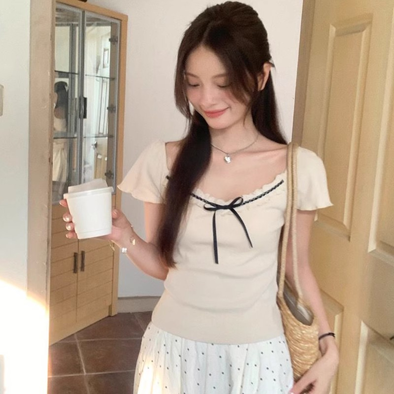 V-neck bow lace splice T-shirt short sleeve slim short tops