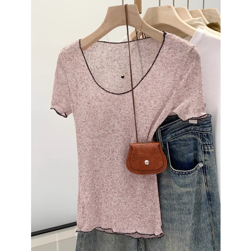 Short short sleeve T-shirt slim V-neck tops for women