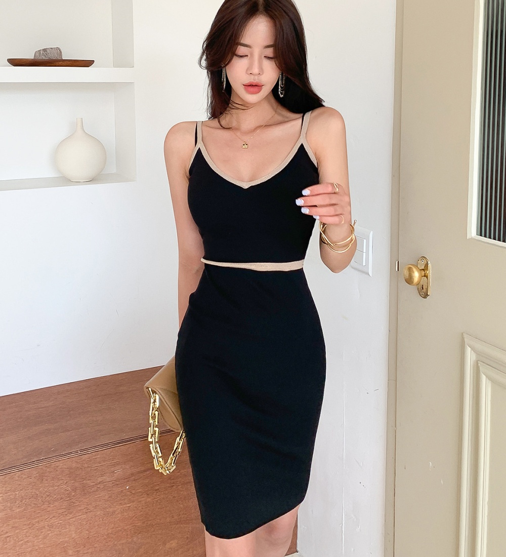 V-neck Korean style hip T-back slim sling dress for women