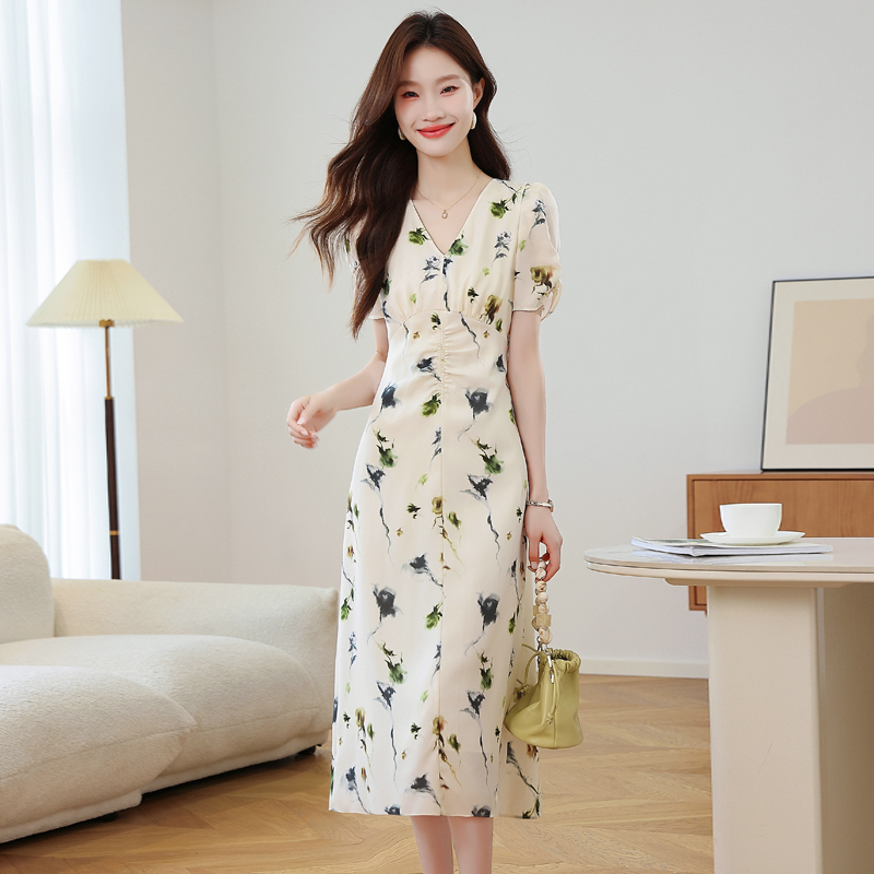 Pinched waist floral summer refinement dress for women