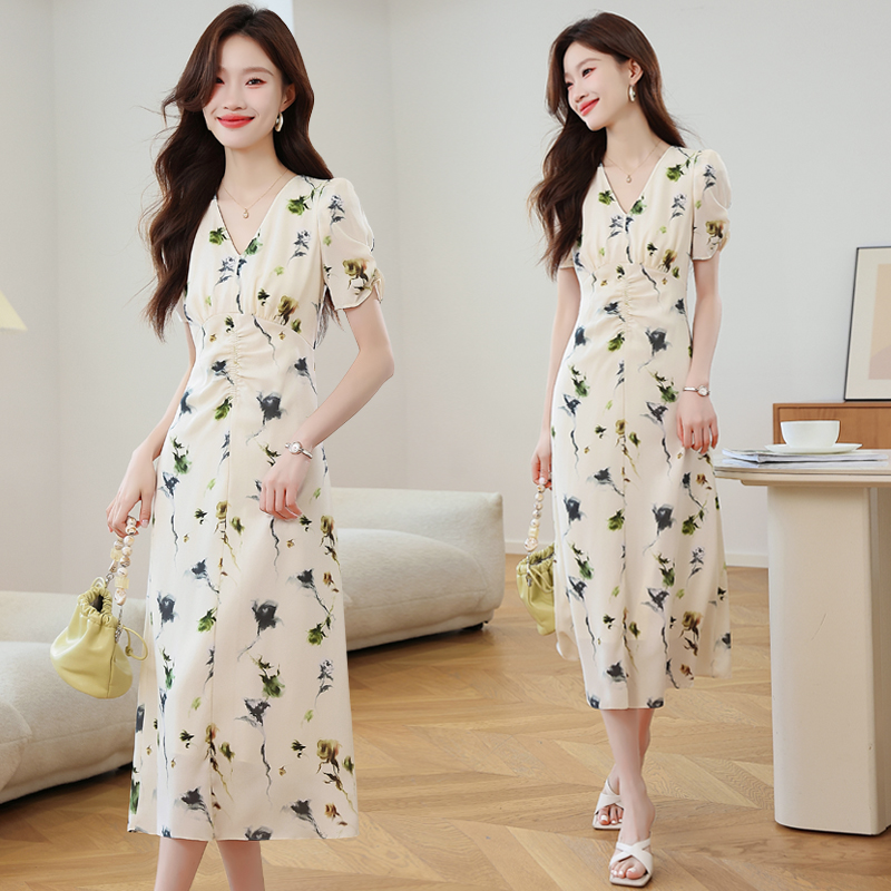 Pinched waist floral summer refinement dress for women