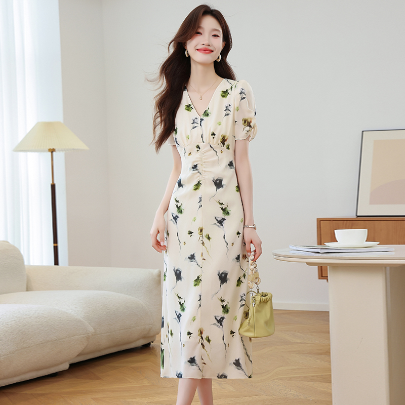 Pinched waist floral summer refinement dress for women