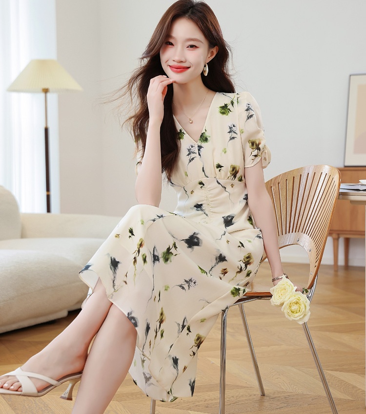 Pinched waist floral summer refinement dress for women