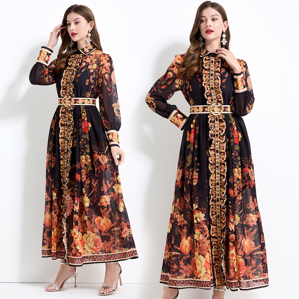 Spring and summer shirt long sleeve long dress 2pcs set