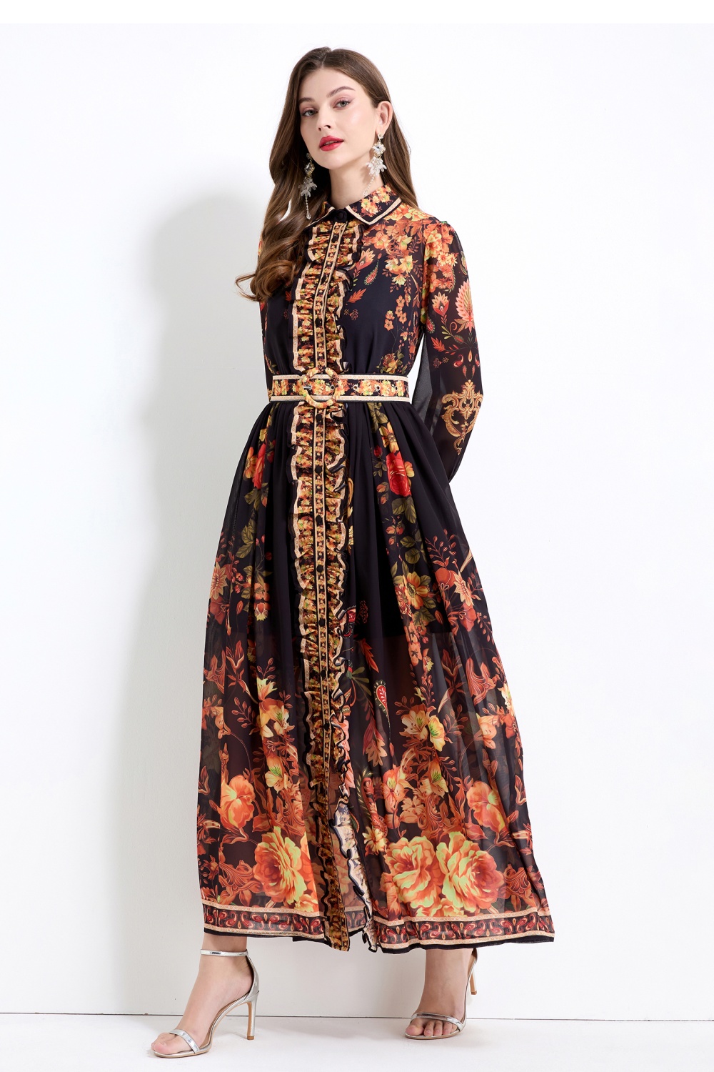 Spring and summer shirt long sleeve long dress 2pcs set