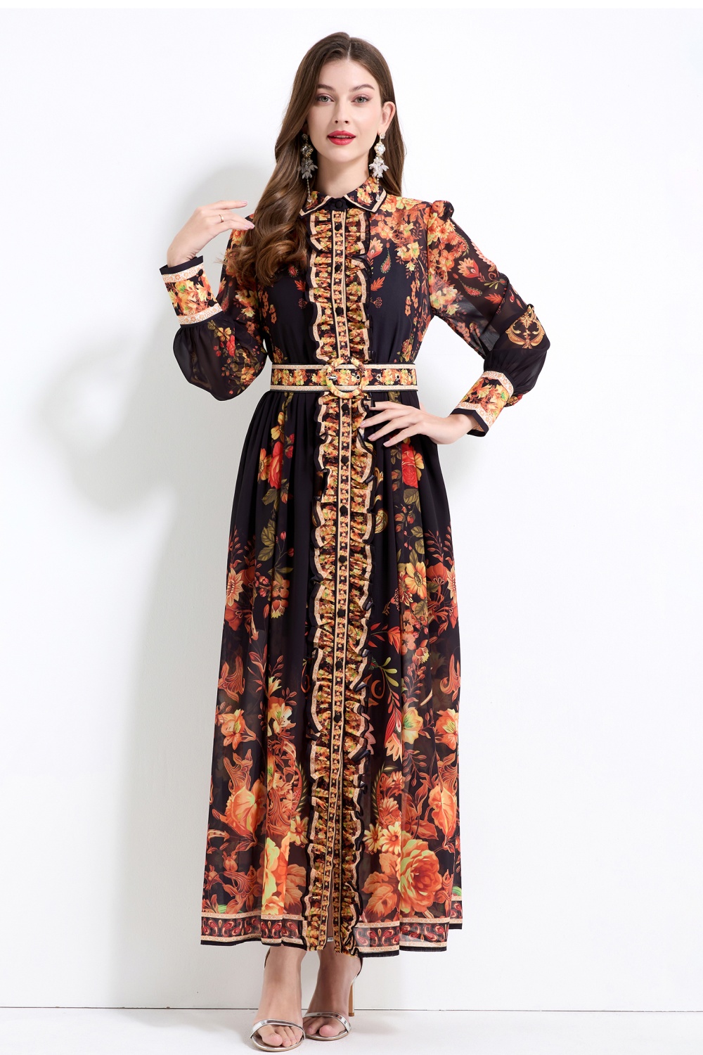 Spring and summer shirt long sleeve long dress 2pcs set