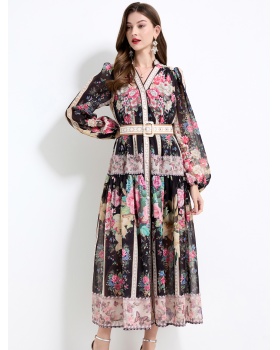 Chiffon printing lotus leaf edges long dress 2pcs set