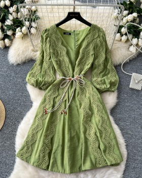 Retro lantern sleeve long dress splice dress for women