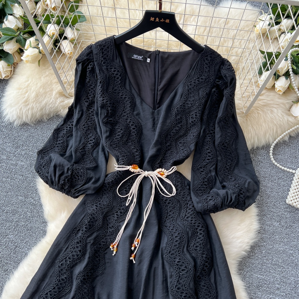 Retro lantern sleeve long dress splice dress for women