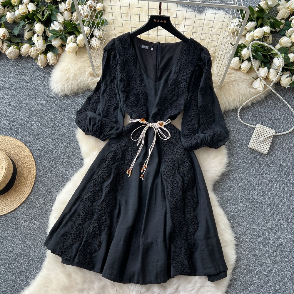 Retro lantern sleeve long dress splice dress for women