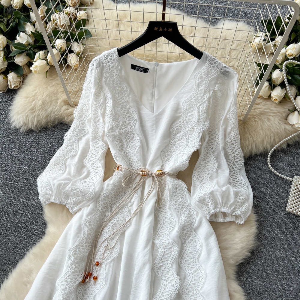 Retro lantern sleeve long dress splice dress for women