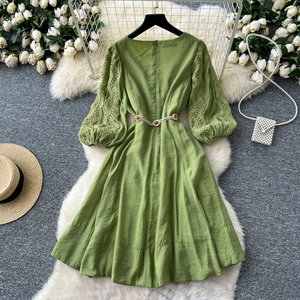 Retro lantern sleeve long dress splice dress for women