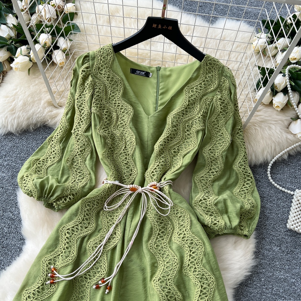 Retro lantern sleeve long dress splice dress for women