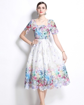 Fashion hollow lace short sleeve spring and summer long dress